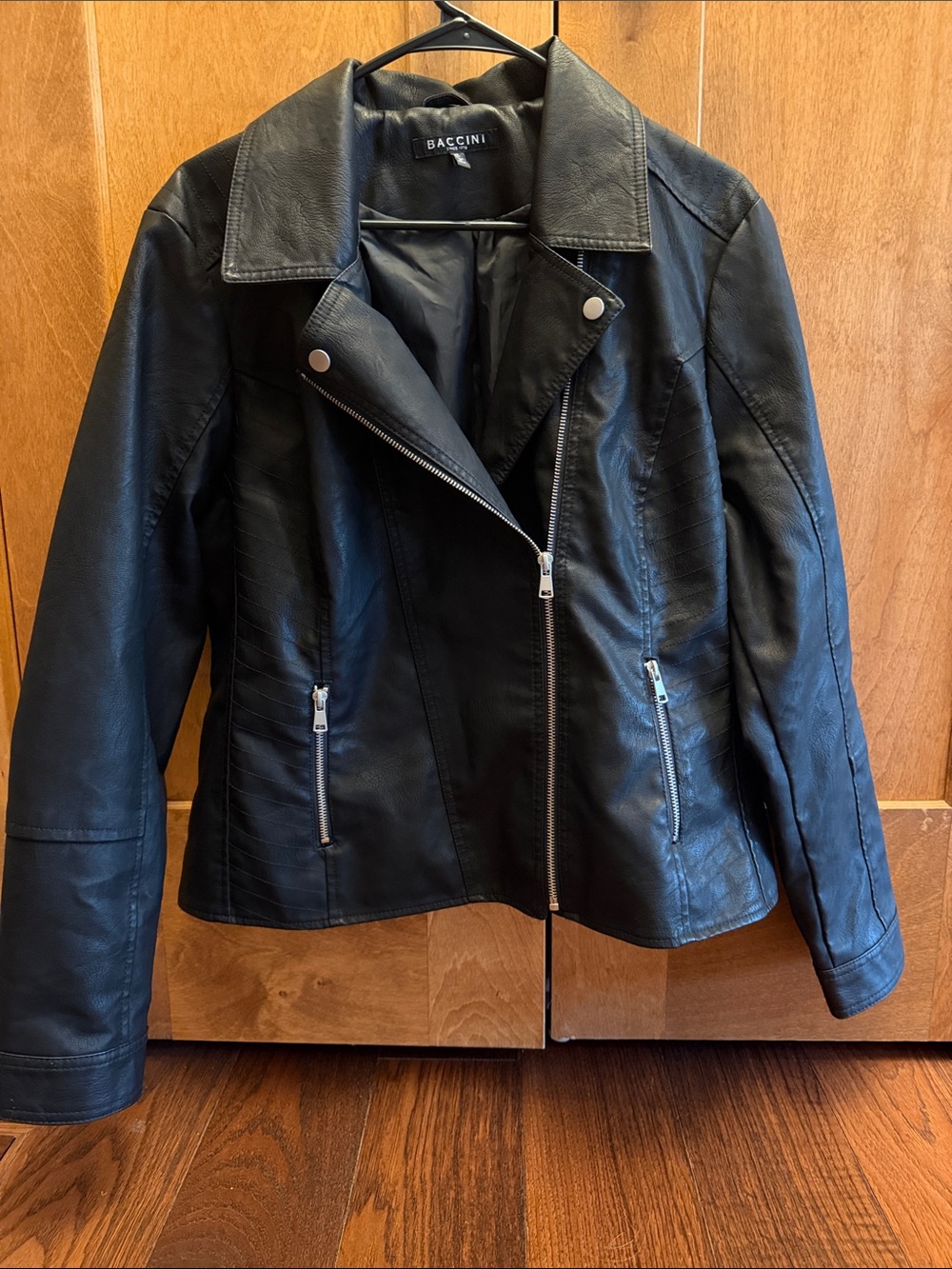 Baccini Black Faux Leather Bomber Moto Jacket women sz XL - like new